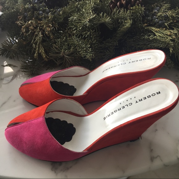 Robert Clergerie Pink Red Suede Peeptoe Wedge Mule - Picture 5 of 8